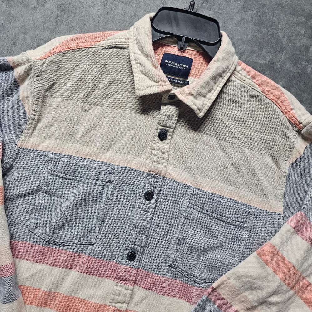 Scotch & Soda Amsterdams Blauw Mens Striped Cotton Western Button‎ Down Shirt L